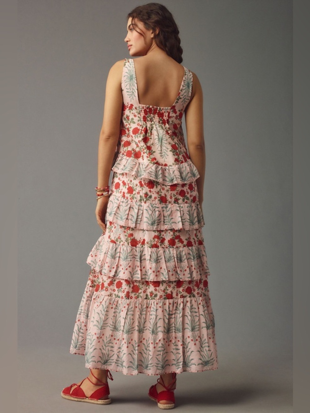 Anthropologie Sleeveless Tiered Midi Floral Ruffle Cottagecore cotton Dress S - Picture 3 of 7